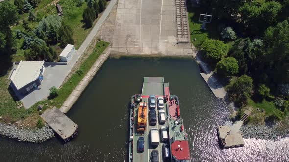 Aerial View of Ferry Boat Transport Cars in the River