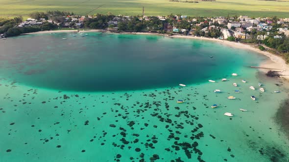 The View From the Height on the Beautiful Beach of Blue Bay with Boats Mauritius