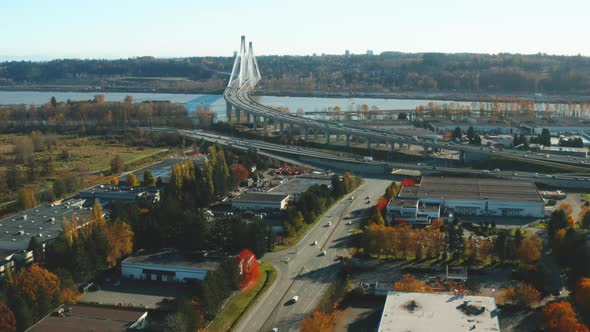 Aerial view of the Port Mann Bridge connecting Port Coquitlam and Surrey, British Columbia.