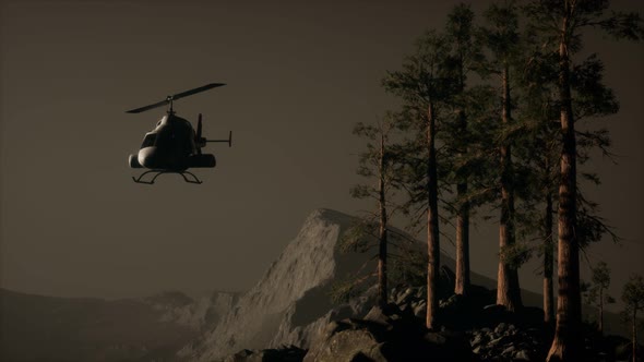 Extreme Slow Motion Flying Helicopter Near Mountain Forest