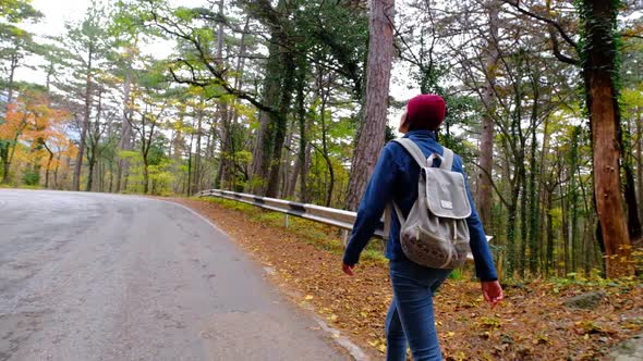 Young Woman Hiking in Forest in Autumn