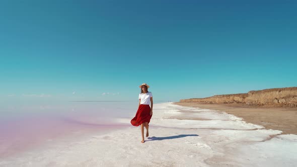 Stylish Summer Girl Enjoying Walking By Bright Pink Lake Summer Adventure Traveling