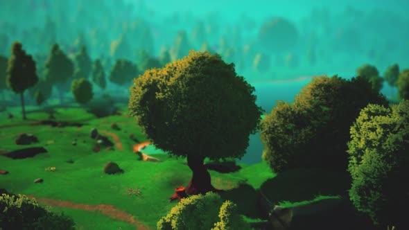 Cartoon Green Forest Landscape with Trees and Lake