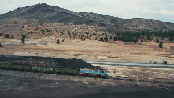 Aerial View; Drone Moving Over Railway with Train