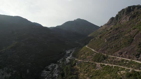 A touristic trail down the mountain valley shot at sundown in Peneda Geres National Park, Portugal.