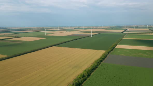 Wind turbines across summer agricultural field