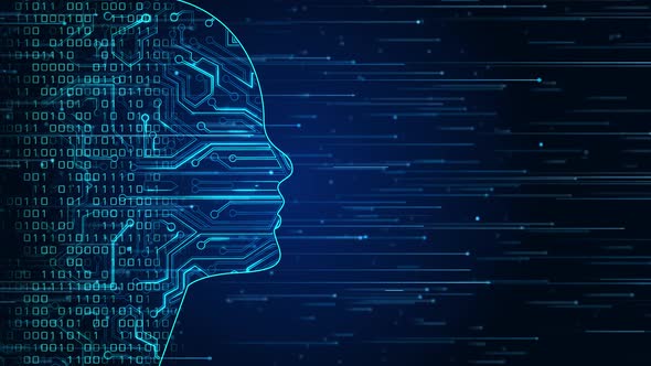 Future AI tech machine learning, face outline circuit board and binary data flow on blue .