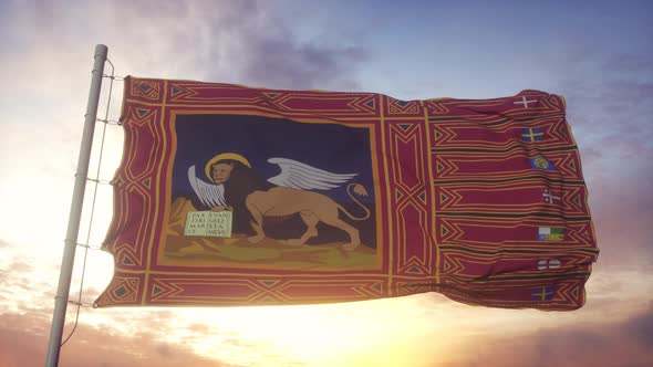 Veneto Region Flag Italy Waving in the Wind Sky and Sun Background