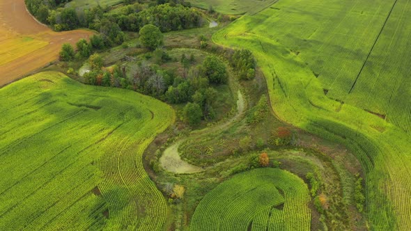 twisting creek in between farm fields