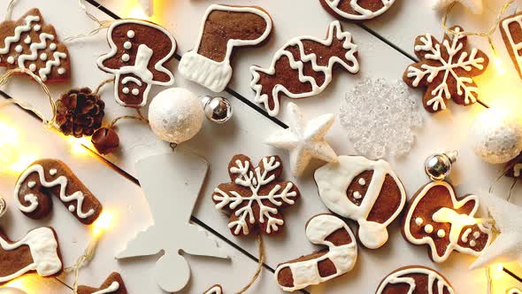 Christmas Sweets Composition. Gingerbread Cookies with Xmas Decorations