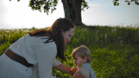 Young Beautiful Mother Takes Little Daughter in Arms and Walks Towards the Old Tree in the Field