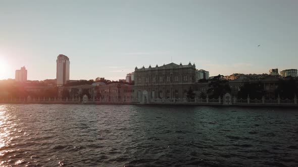 View from a boat of Dolmabahce Palace located in the Beşiktaş district of Istanbul, Turkey, along th