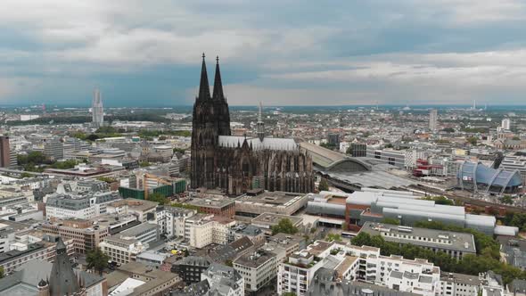 Aerial drone footage of the famous and historical tourist destination, Cologne Cathedral.