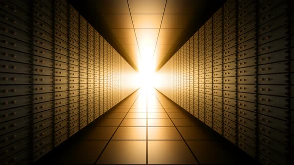 Dark Long Bank Vault Room with Light at the End, Seamless Loop alt