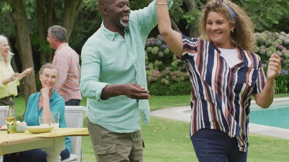 Happy diverse senior female and male friends dancing in garden while having lunch with friends