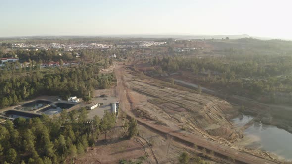 Aerial drone view of the abandoned mines of Mina de Sao Domingos, in Alentejo Portugal