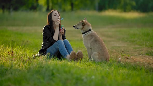 A Girl Blows Soap Bubbles in the Park at Her Dog.