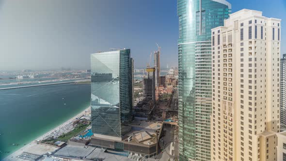 Modern Skyscrapers in Jumeirah Beach Residence in Dubai JBR Aerial Timelapse