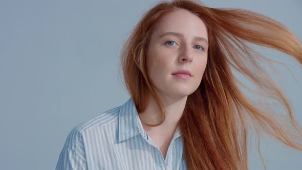 Gingerhead Red Hair, Ginger Hair Model with Blue Eyes on Blue Background