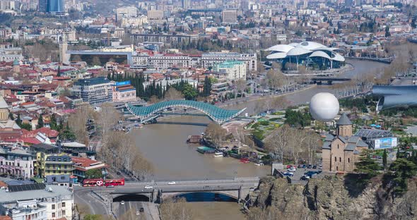 Time lapse shot of beautiful Tbilisi cityscape at morning. Geogia 2022 spring
