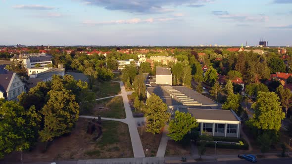Campus Business Sciences and Law.Beautiful aerial view flight fly forward drone footage of Freie Un