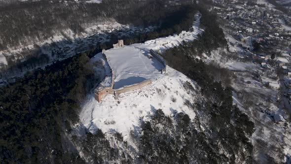 Aerial Drone View of the 13Thcentury Medieval Kremenets Castle in a Territory of Ukraine Country