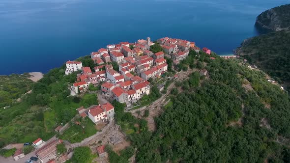 Aerial view of Beli cityscape at the top of mountain, Cres island, Croatia.