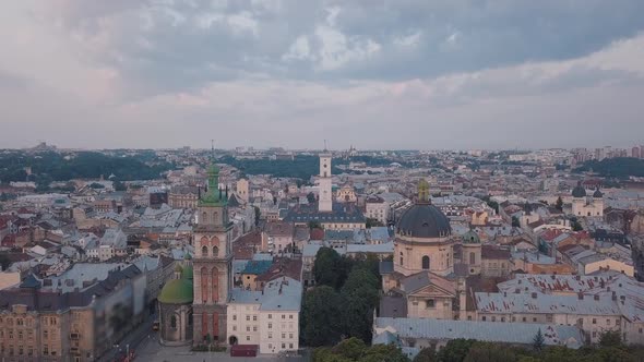 Aerial City Lviv, Ukraine. European City. Popular Areas of the City. Town Hall