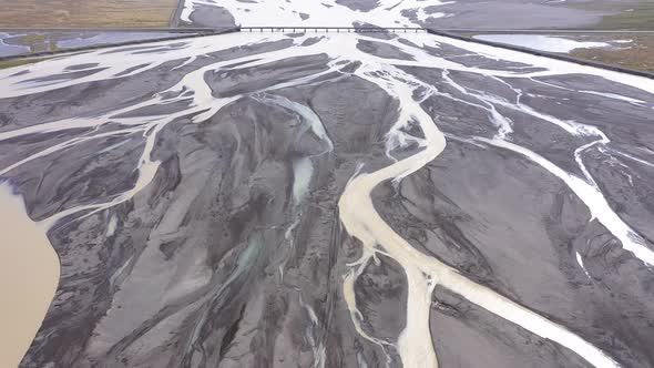 Abstract Aerial Top Down View Perspective of Glacial Melt Water River Streams in Iceland