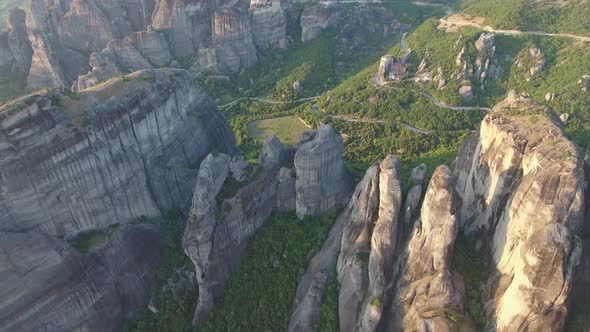 Flying over Meteora rock formations and monasteries in Greece