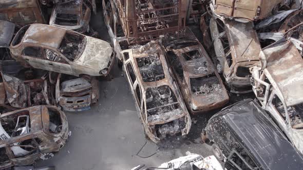 War in Ukraine a Dump of Burned Cars in Irpin Bucha District