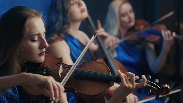 String Trio. Women Playing on Violins and Cello at Concert