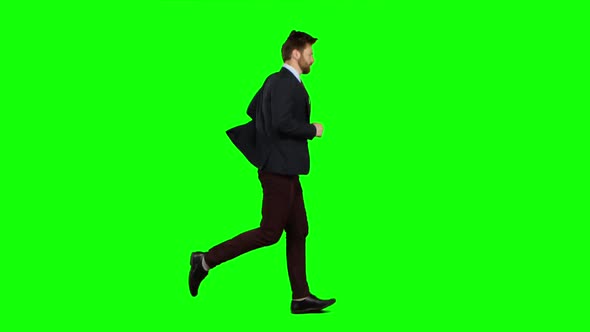 Businessman Run To Work, Is Late for an Important Meeting. Green Screen