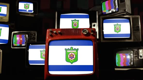 Flag of Tel Aviv, Israel, and Retro TVs.