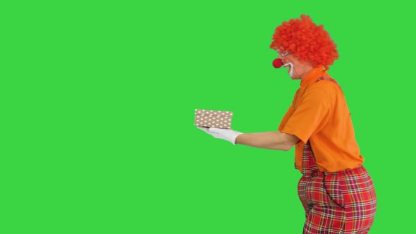 Happy Male Clown Holding Present While Walking By on a Green Screen Chroma Key