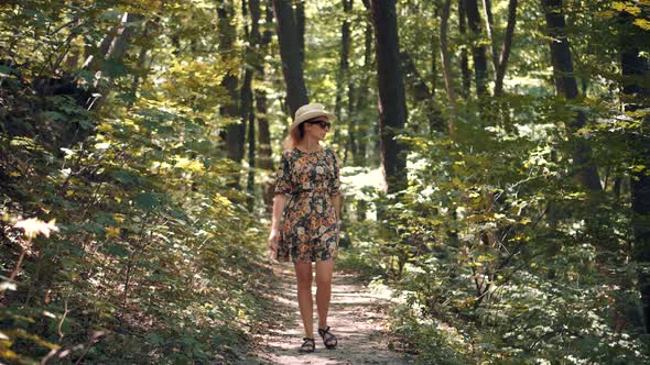 Relaxing Woman In Hat Walking Pine Forest. Holiday Vacation Tourist Journey Trip In Warm Day.
