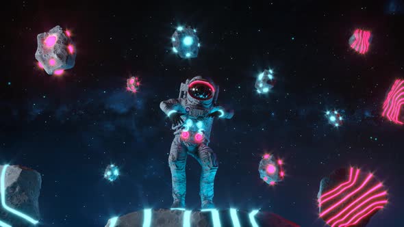 Funny Dancing Astronaut With Neon Light Asteroids In Space alt