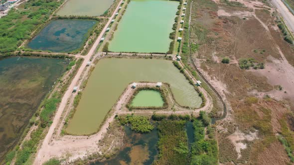 Aerial view of a fishing park in Cha-Am Thailand. Multiple lakes.