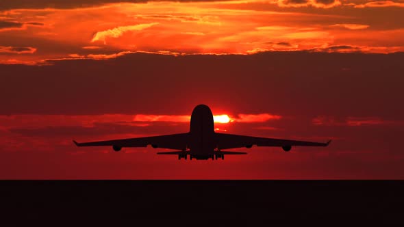 Silhouette of Large Passenger Airplane Taking Off Against Orange Sunset