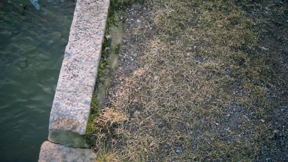 Overhead panning shot of water flowing into sewage system outdoors