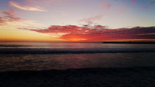 Stunning Sea Sunset, Bright Orange Sunset Over Sea Water Horizon Water