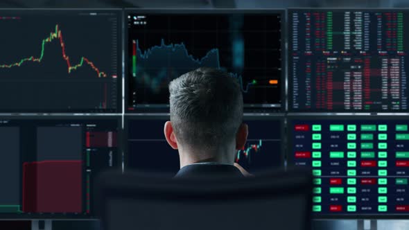 Trader is Working with Multiple Computer Screens Full of Charts and Data Analysis and Stock Broker