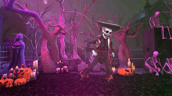 Mariachi skeleton salsa dancing in a graveyard party