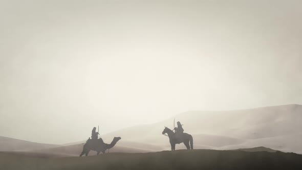 Arabian Warriors In An Arabian Desert Riding Camel And Horse