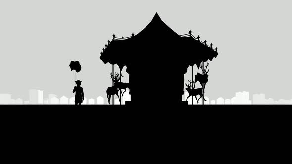 Silhouette Carousel and Girl Holding Balloons