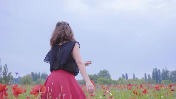 Pretty Young Girl Running and Dancing in a Poppy Field Smiling Happily