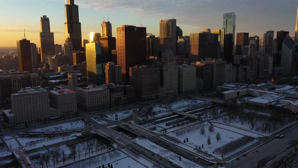 Urban Cityscape of Chicago at Winter Sunset