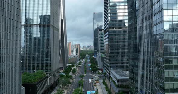 Aerial footage of night cityscape in downtown of shenzhen city, China