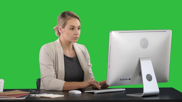 Classy happy businesswoman working at computer