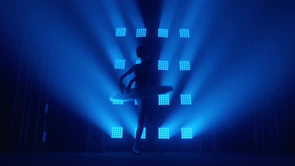 Graceful Silhouette Ballerina Doing a Workout in the Classroom. Smoke in the Rays of Blue Light